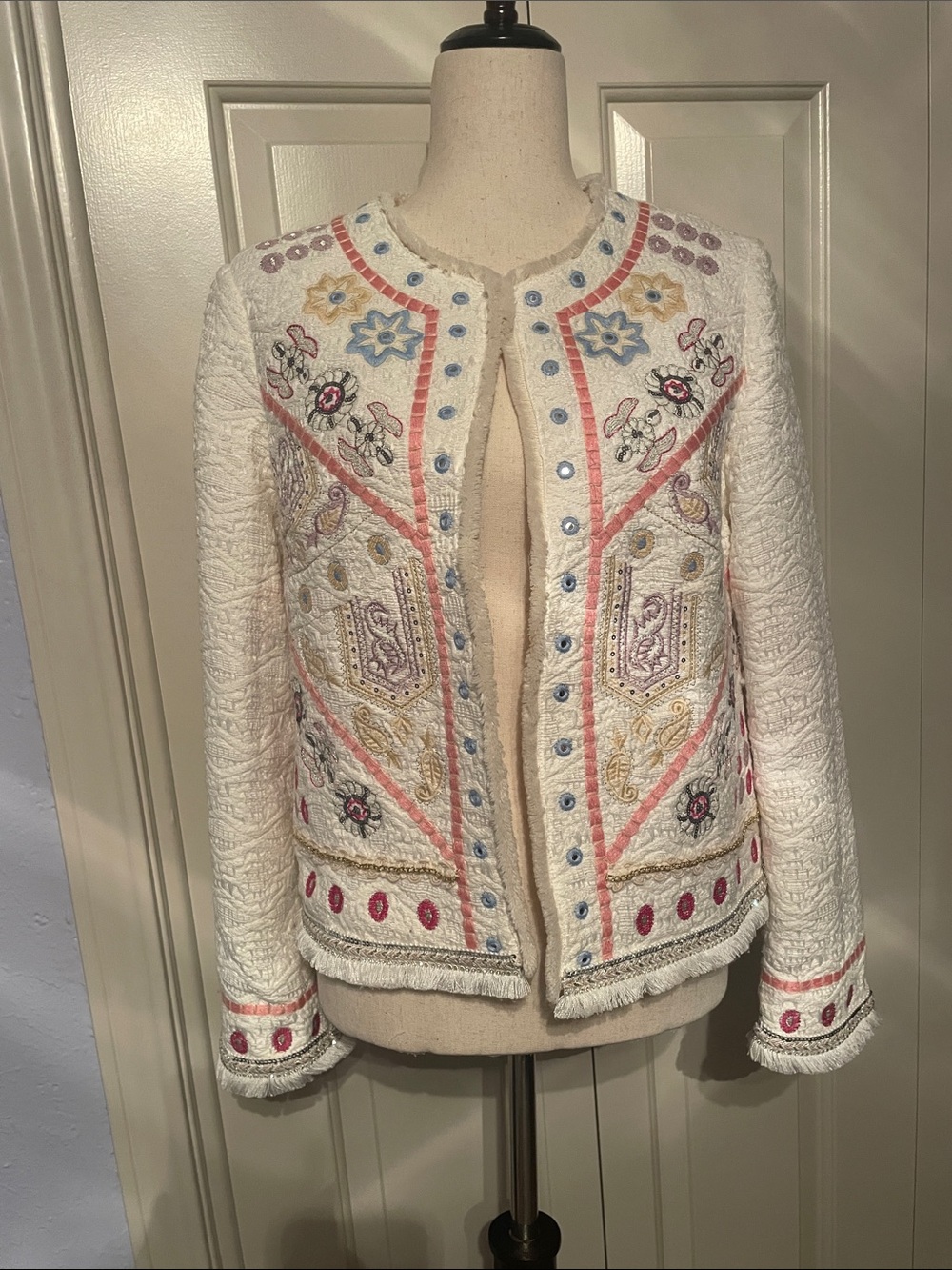 Cream Embroidered Bouclé Jacket with Multicolor Accents